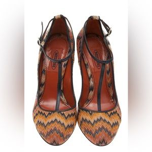 *NEW* Missoni Black/Orange Fabric And Leather Ankle T-Strap Pumps Size 37